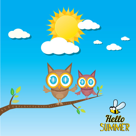 birds on branch. cartoon summer illustration. summer kids backgroundのイラスト素材