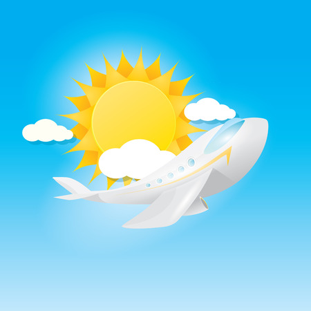 airplane in blue sky with sun and clouds. Summer travel by airplane concept illustration.のイラスト素材