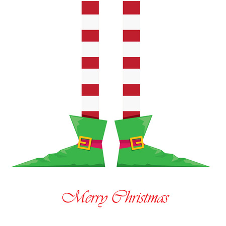 vector creative merry christmas greeting card, christmas cartoon elfs legs on white snow backgroundのイラスト素材