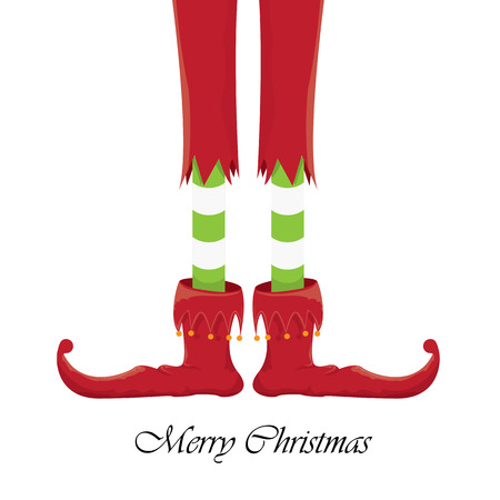 vector creative merry christmas greeting card, christmas cartoon elfs legs on white snow backgroundのイラスト素材