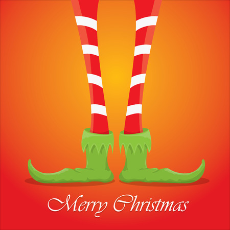 vector creative merry christmas greeting card, christmas cartoon elfs legs on red backgroundのイラスト素材