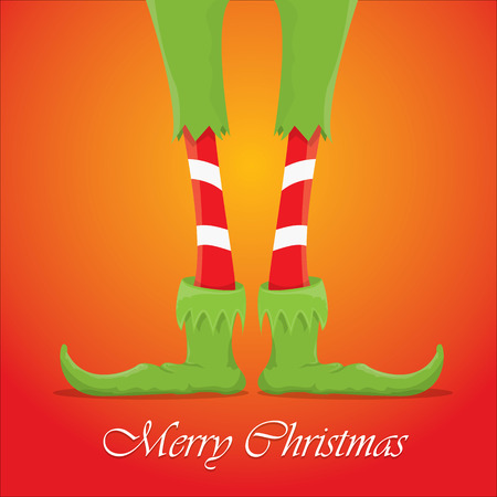vector creative merry christmas greeting card, christmas cartoon elfs legs on red backgroundのイラスト素材