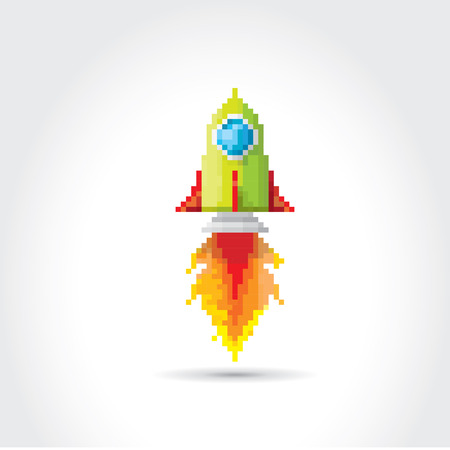 vector flat pixel art rocket on white background. rocket launch or business startup iconのイラスト素材