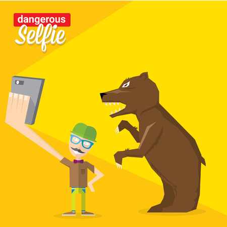 Dangerous selfie concept illustration. Man and bear Taking a  selfie Photo Together on smartphoneのイラスト素材