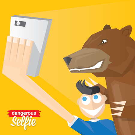 Dangerous selfie concept illustration. Man and bear Taking a  selfie Photo Together on smartphoneのイラスト素材