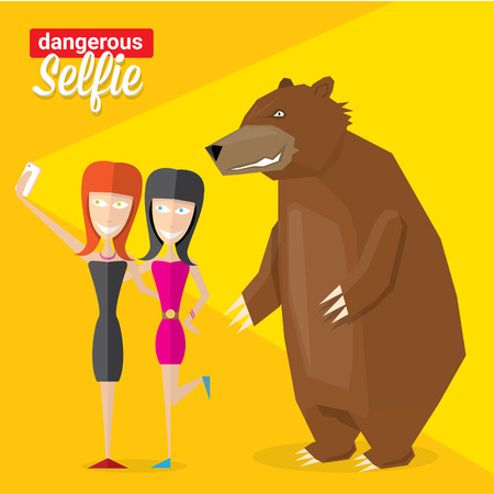 Dangerous selfie concept illustration. Man and bear Taking a  selfie Photo Together on smartphoneのイラスト素材