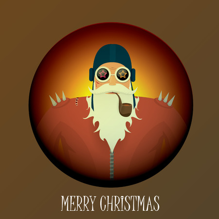 vector biker santa claus with smoking pipe. Christmas hipster poster for party or greeting card.のイラスト素材