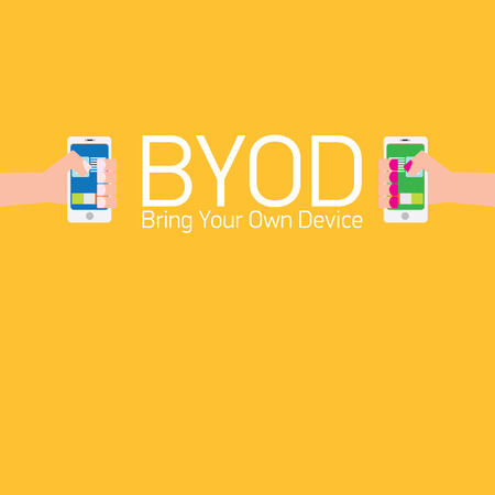vector flat design concept of BYOD bring you own device. hand holding device. flat style vector illustrationのイラスト素材