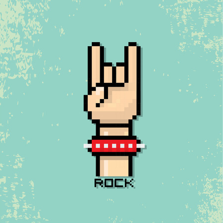 vector flat pixel art hand sign rock n roll music on on stylish grunge background. rock n roll iconのイラスト素材