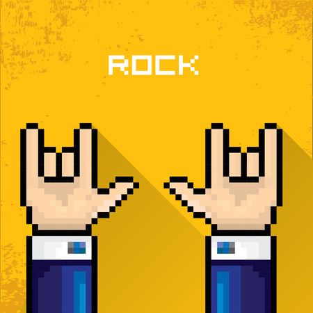 vector flat pixel art hand sign rock n roll music on on stylish orange grunge background. rock n roll iconのイラスト素材