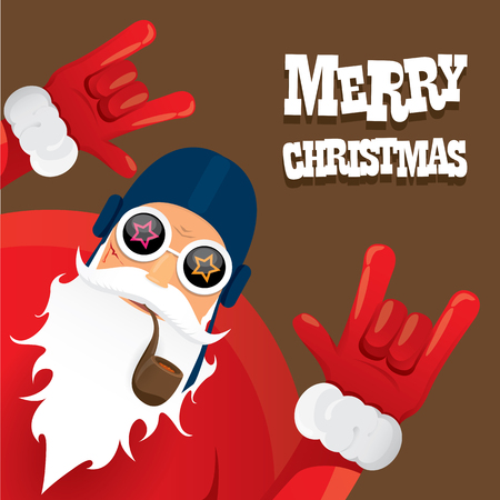 biker santa claus with smoking pipe. Christmas hipster poster for party or greeting card.