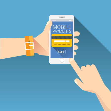 Flat design style vector illustration of modern smartphone with processing of mobile payments from credit card on the screen. Internet banking concept. wireless money transfer.のイラスト素材