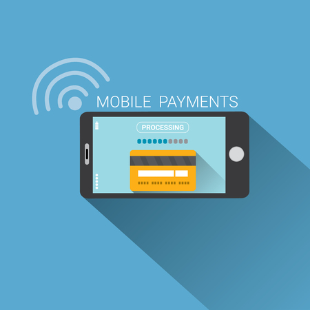 Flat design style vector illustration of modern smartphone with processing of mobile payments from credit card on the screen. Internet banking concept. wireless money transfer.のイラスト素材