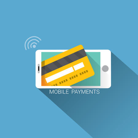 Flat design style vector illustration of modern smartphone with processing of mobile payments from credit card on the screen. Internet banking concept. wireless money transfer.のイラスト素材