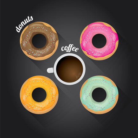 donuts coffee vector background. flat lay coffee cup and donutsのイラスト素材