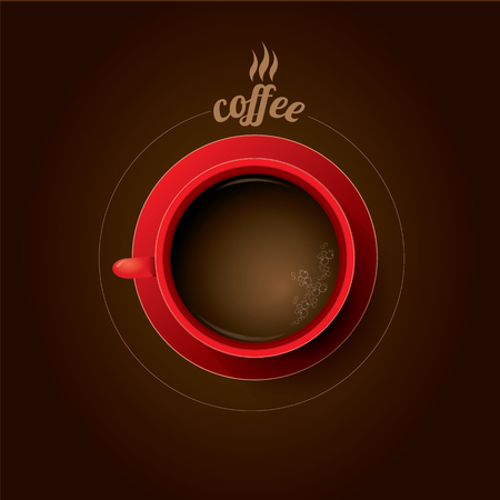 red cup of coffee. flat lay coffee mug  top view on brown backgroundのイラスト素材