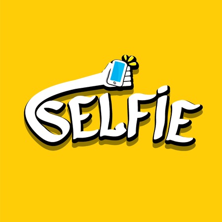 Taking Selfie Photo on Smart Phone creative concept image. vector selfie sign isolated on orange. Summer selfie photo. Selfie cartoon textのイラスト素材