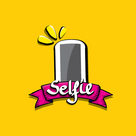 Taking Selfie Photo on Smart Phone creative concept image. vector selfie sign isolated on orange. Summer selfie photo. Selfie cartoon textのイラスト素材