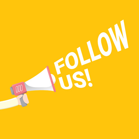 Follow us vector orange banner. Follow us on online media social networking. Follow us concept illustration for web.のイラスト素材