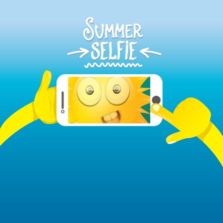 Summer selfie vector concept background. smiling Sun taking a selfie on phone. Summer fun vector banner with sunのイラスト素材