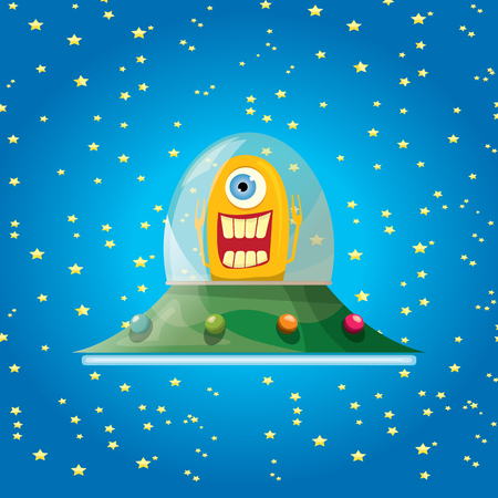 alien spaceship . ufo. orange alien in space vector. flying saucer. Kids vector backgroundのイラスト素材