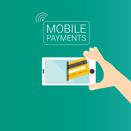 Flat design style vector illustration of modern smartphone with processing of mobile payments from credit card on the screen. Internet banking concept. wireless money transfer.のイラスト素材