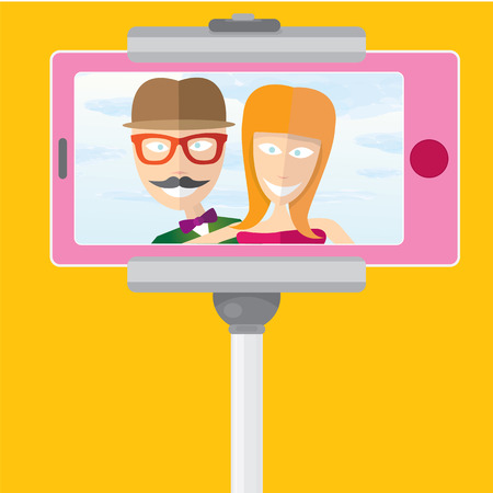 Taking Selfie Photo on Smart Phone with monopod concept. vector illustration. summer selfie backgroundのイラスト素材