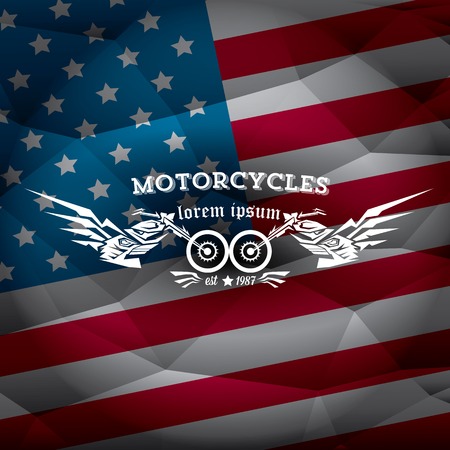 vintage american motorcycle club label or badge on usa flag, design element. abstract motorcycle logo with wingsのイラスト素材