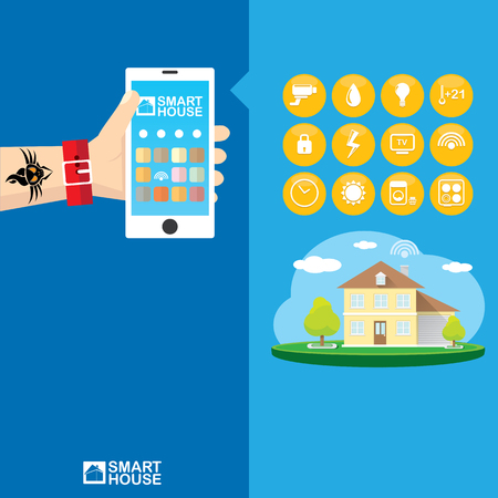 Smart house control vector concept illustration. Flat design style vector illustration concept of smart home control with mobile phone application.のイラスト素材