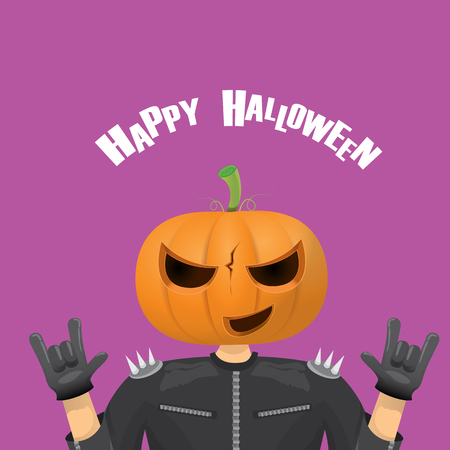 Happy halloween vector creative background. man in halloween costume with pumpkin head rock n roll style halloween greeting card with text. Happy halloween rock concert poster design template.のイラスト素材