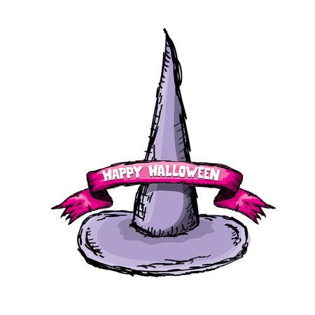 witch hat isolated on white. vector halloween doodle art violet wizard hatのイラスト素材