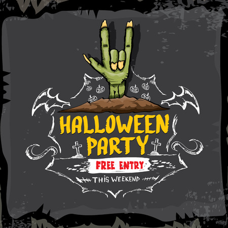 Halloween vector illustration with rock n roll zombie hand and halloween objects. vector halloween party creative concept invitation or poster. halloween cartoon banner.のイラスト素材