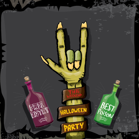 Halloween vector illustration with rock n roll zombie hand and halloween objects. vector halloween party creative concept invitation or poster. halloween cartoon banner.のイラスト素材