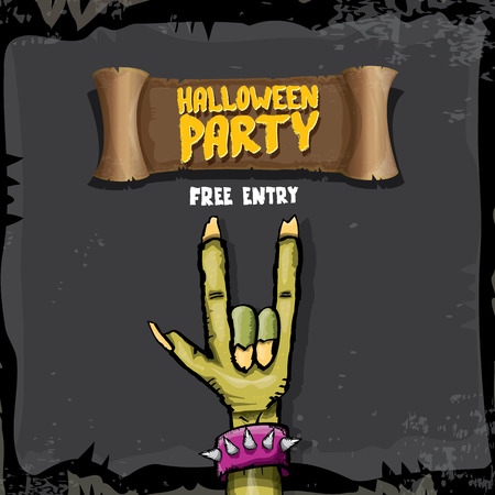 Halloween vector illustration with rock n roll zombie hand and halloween objects. vector halloween party creative concept invitation or poster. halloween cartoon banner.のイラスト素材