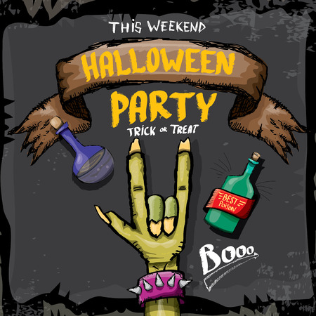 Halloween vector illustration with rock n roll zombie hand and halloween objects. vector halloween party creative concept invitation or poster. halloween cartoon banner.のイラスト素材