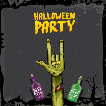 Halloween vector illustration with rock n roll zombie hand and halloween objects. vector halloween party creative concept invitation or poster. halloween cartoon banner.のイラスト素材