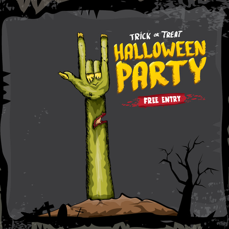 Halloween vector illustration with rock n roll zombie hand and halloween objects. vector halloween party creative concept invitation or poster. halloween cartoon banner.のイラスト素材