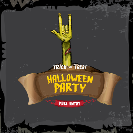 Halloween vector illustration with rock n roll zombie hand and halloween objects. vector halloween party creative concept invitation or poster. halloween cartoon banner.のイラスト素材