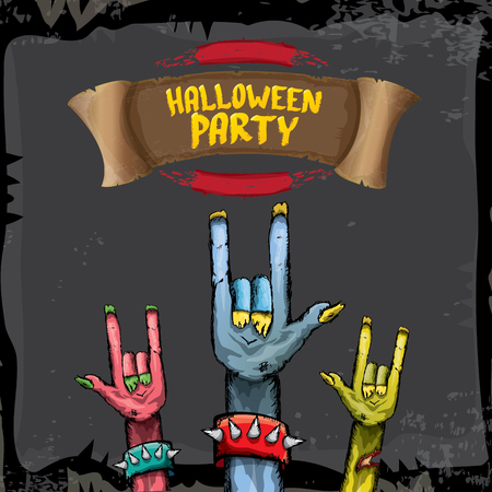 Halloween vector illustration with rock n roll zombie hand and halloween objects. vector halloween party creative concept invitation or poster. halloween cartoon banner.のイラスト素材