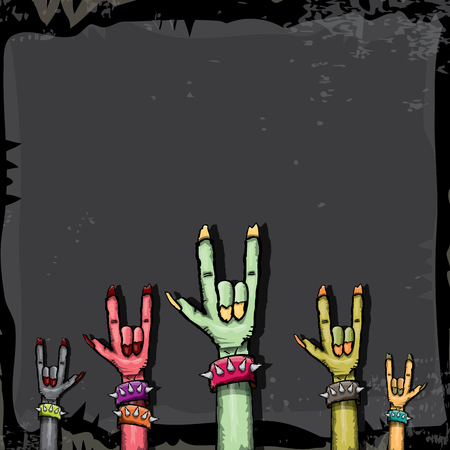 Halloween vector illustration with rock n roll zombie hand and halloween objects. vector halloween party creative concept invitation or poster. halloween cartoon banner.のイラスト素材