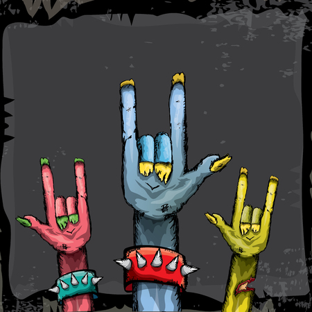 Halloween vector illustration with rock n roll zombie hand and halloween objects. vector halloween party creative concept invitation or poster. halloween cartoon banner.のイラスト素材