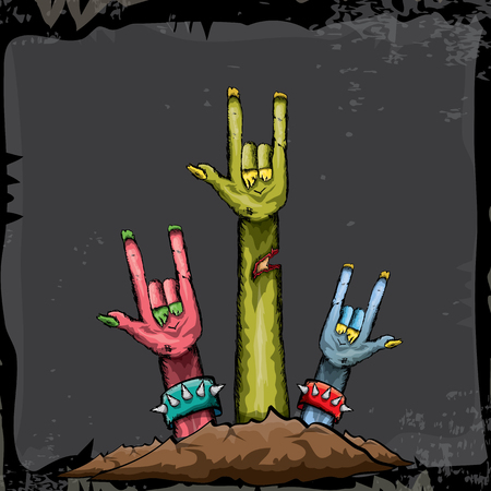 Halloween vector illustration with rock n roll zombie hand and halloween objects. vector halloween party creative concept invitation or poster. halloween cartoon banner.のイラスト素材