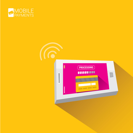 Flat design style vector illustration of modern smartphone with processing of mobile payments from credit card on the screen. Internet banking concept. wireless money transfer.のイラスト素材