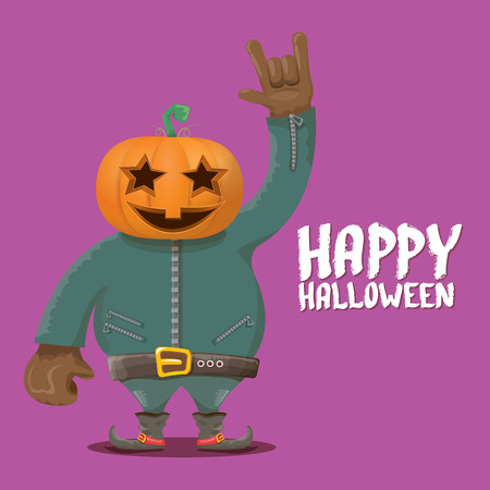 Happy halloween vector creative background. man in halloween costume with pumpkin head rock n roll style halloween greeting card with text. Happy halloween rock concert poster design template.のイラスト素材