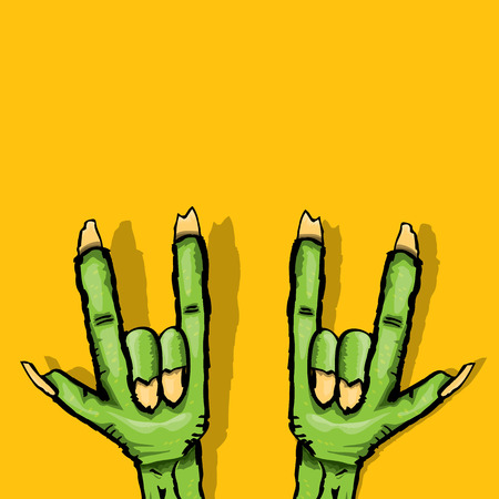 Zombie hand shows rock n roll gesture, hand drawn vector illustration. Zombie party halloween backgroundのイラスト素材