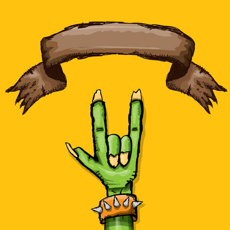 Zombie hand shows rock n roll gesture, hand drawn vector illustration. Zombie party halloween backgroundのイラスト素材