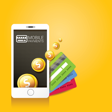 Flat design style vector illustration of modern smartphone with processing of mobile payments from credit card on the screen. Internet banking concept. wireless money transfer.のイラスト素材