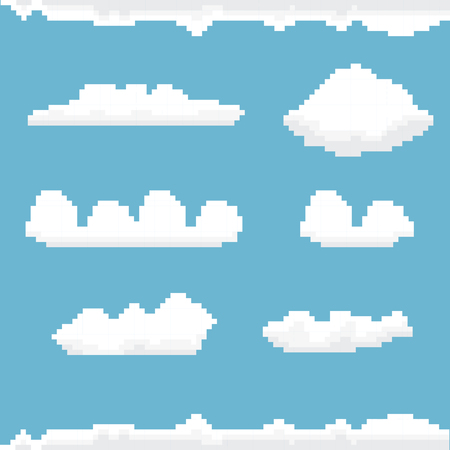 vector sky with clouds pixel art background. vector pixel art clouds collection. isolated clouds set for games and mobile applications.のイラスト素材