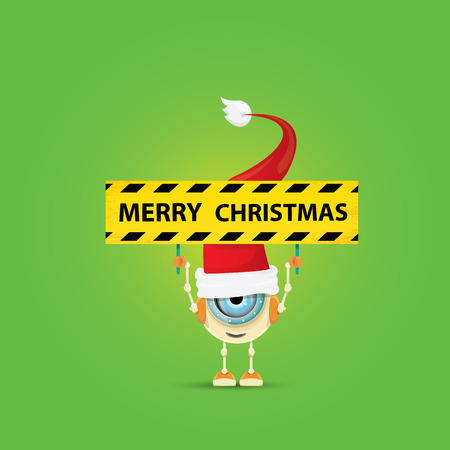 Cartoon Cute Robot with merry christmas santa claus red hat. funky merry christmas card design template or backgroundのイラスト素材