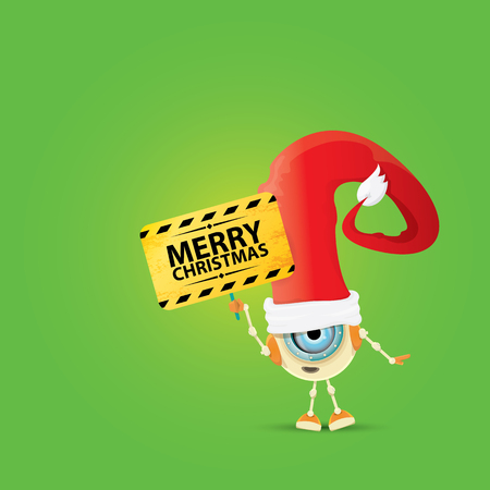 Cartoon Cute Robot with merry christmas santa claus red hat. funky merry christmas card design template or backgroundのイラスト素材